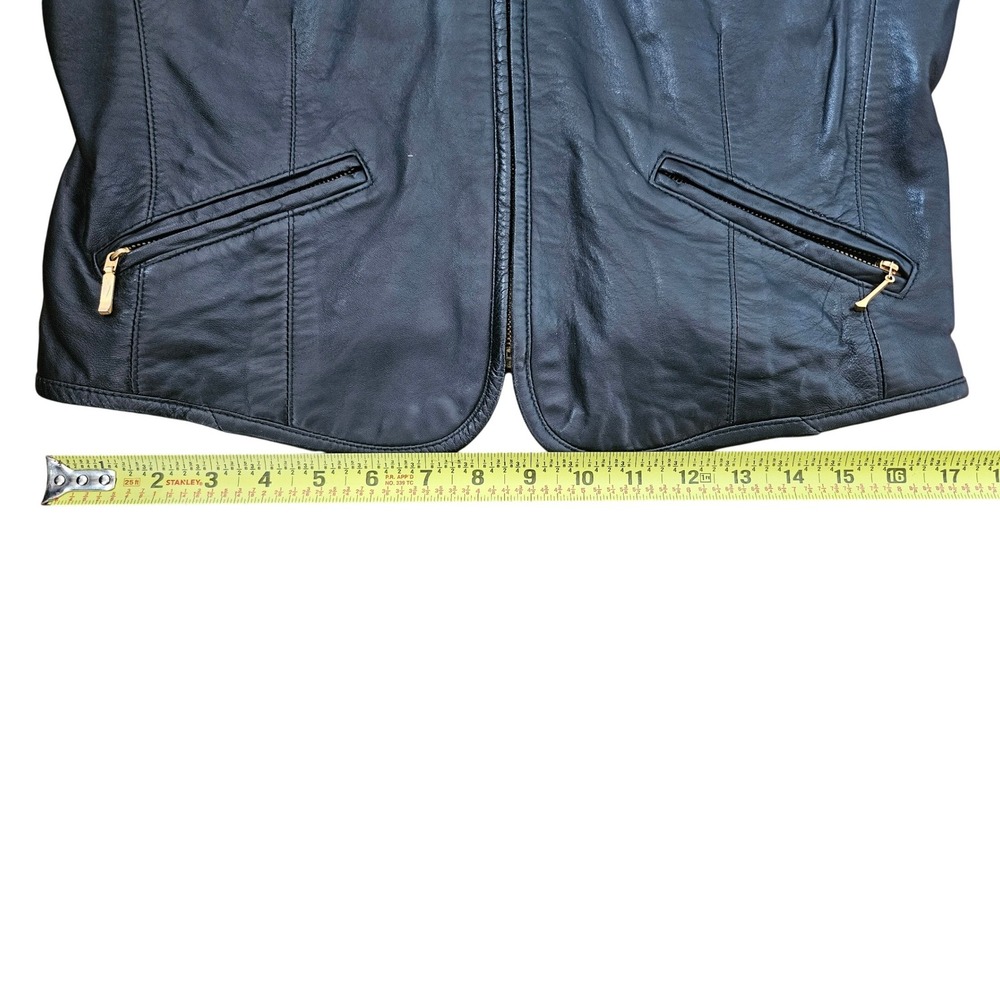 Lizwear Womens Black Leather Jacket Collarless Zip Front Gold Hardware Size M - Picture 10 of 11